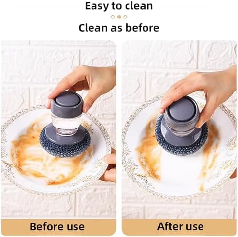 Soap Dispense Palm Scrub dishwashing Kitchen Scrubber Press Automatic Liquid wash Pot (Steel Wire)