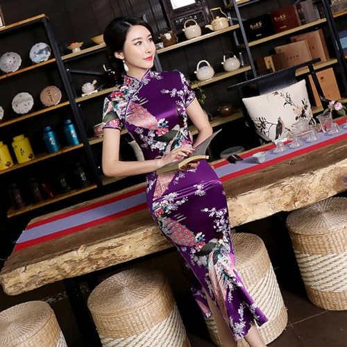 Chinese Style Dress Improves Cheongsam Temperament, Retro Long Silk Printed Daily Banquet Women's Performance Clothing