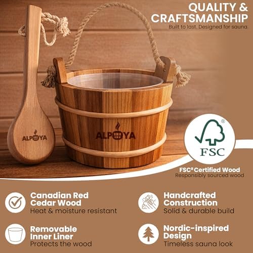 ALPOYA® Cedar Sauna Bucket and Ladle Set with Aromatic Ice Mold, Handmade from Canadian Red Cedar Sauna Bucket, 1 Gallon (4L) Wooden Sauna Water Bucket with Handle, Traditional Sauna Accessories