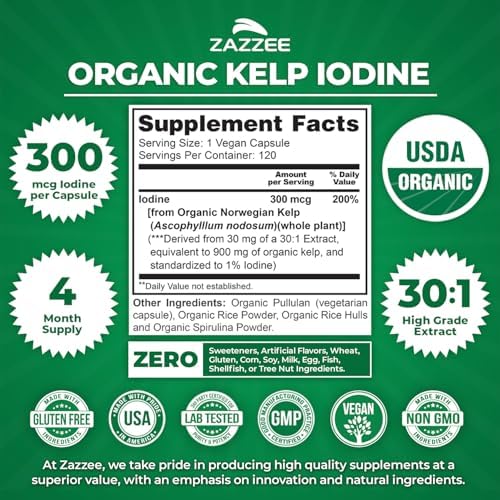 Zazzee USDA Organic Kelp Iodine 30:1 Extract, 300 mcg per Capsule, 120 Vegan Capsules, 4 Month Supply, Ocean-Harvested Norwegian Kelp, Standardized to 1% Iodine for Exact Dosage, Thyroid Support