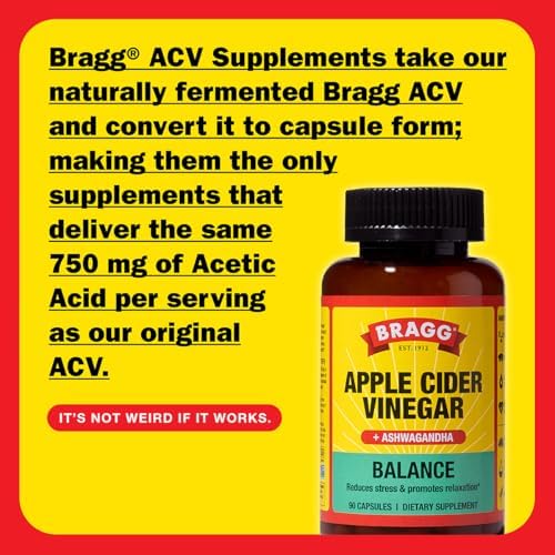 Bragg Daily Balance Apple Cider Vinegar and Sensoril Ashwagandha Capsules - 750mg of Acetic Acid – Energy & Weight Management Support - (90 Pills)
