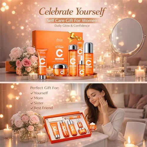 6-Piece Hydrating Skincare Set with Vitamin C & Niacinamide, Face Care Kit Includes Toner, Serum, Cleanser, Moisturizer, Eye Cream & Body Lotion | Valentine’s Day Gift for Women