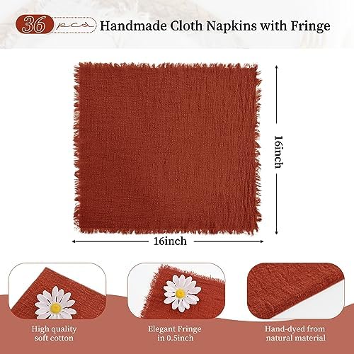 36 Pack Terracotta Napkins Cotton Linen Napkin 16 x 16 Inch Terracotta Napkins Cloth Handmade with Fringe Soft Washable Rustic Dinner Napkin Cloths for Wedding Party Dinner Table