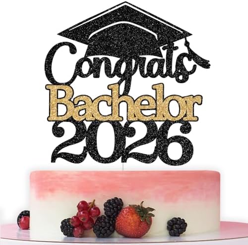 Congrats Bachelor 2026 Cake Topper, Congrats Bachelor's Degree Graduation Party Decoration, Class of 2026 Bachelor Grad Party Decorations Supply Black Gold Glitter