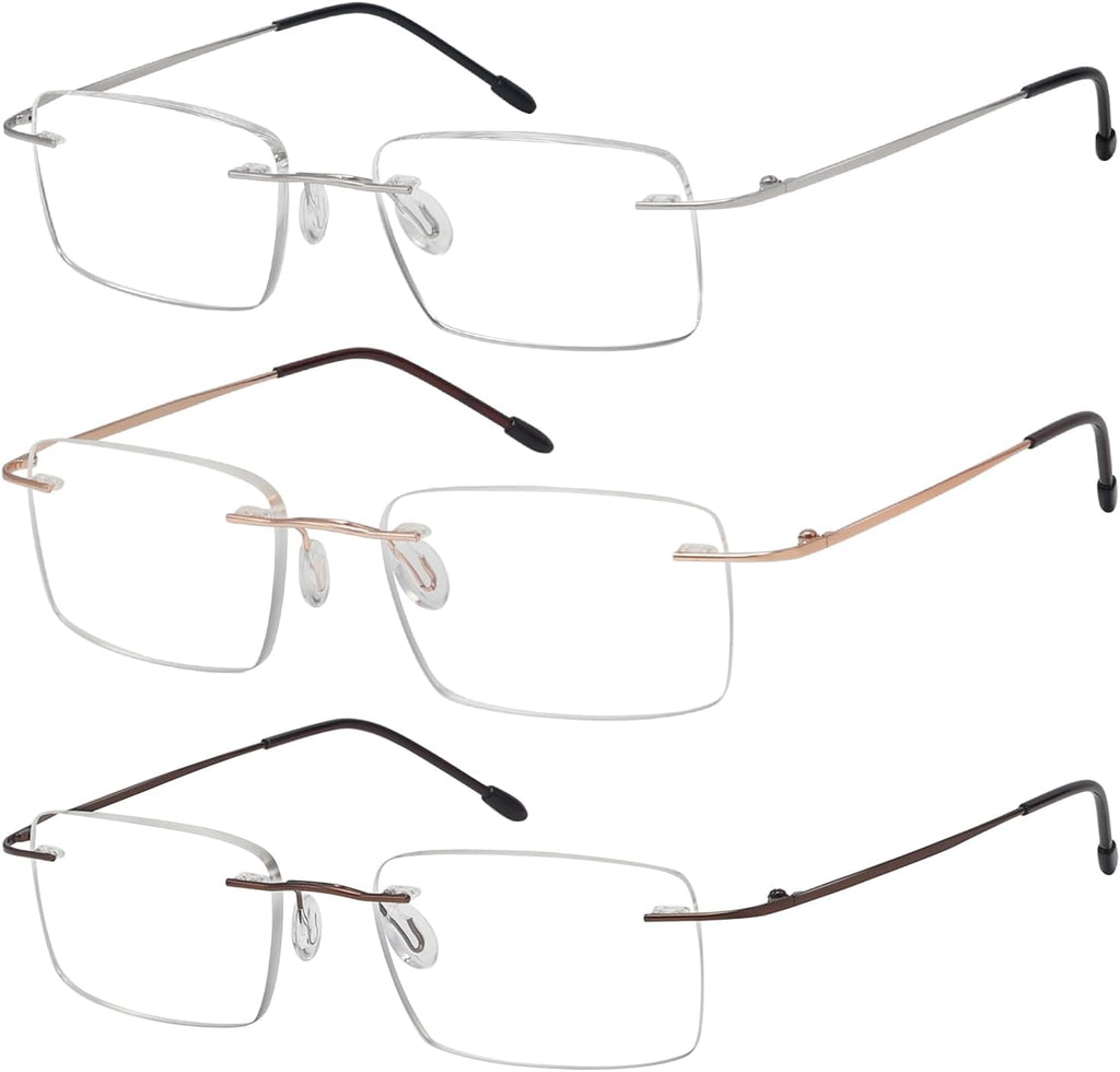Eyekepper 3-Pack Rimless Metal Reading Glasses for Men - Rectangle Frameless Readers (Brown/Sliver/Gold)+1.75