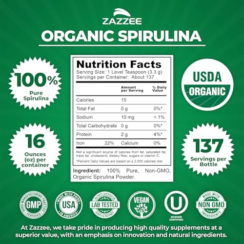 Zazzee USDA Organic Spirulina Powder, 16 Ounces (1 LB), 137 Servings, Certified Kosher, 100% Pure, Non-Irradiated, Mess-Free Wide Mouth Container, Fresh Smell and Neutral Taste, Non-GMO, Made in USA