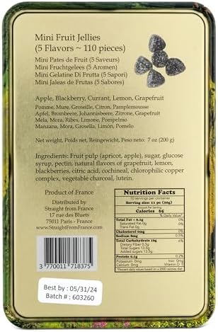 Straight from France Genuinely French, Assorted Mini French Fruit Jellies (Pates de Fruit), 5 Flavors in Auvergne Themed Candy Gift Tin 7 Oz