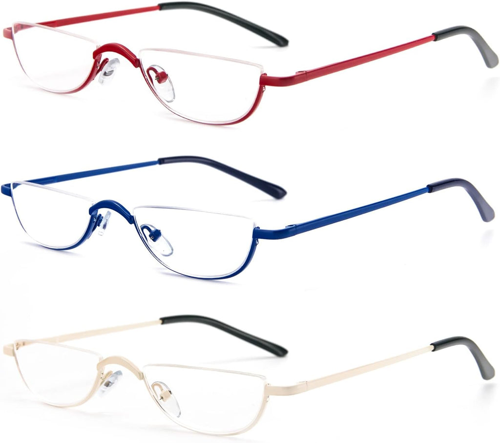 KoKoBin Half Reading Glasses - Half Rim Metal Frame Glasses Spring Hinge Readers with Leather Pouch for Men and Women