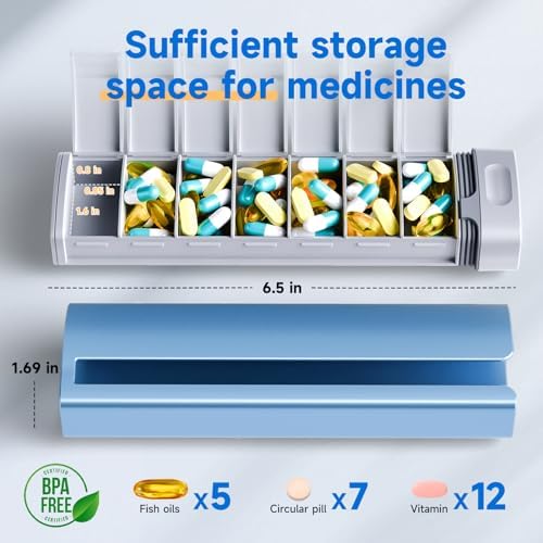 Travel Pill Organizer Weekly, 1 Time a Day ，Upgrade Premium Aluminum Alloy Daily Pill Box 7 Day, Portable Metal Pill Case, Cute Pill Holder to Hold Vitamins, Medicines, Pills, Supplements (Blue)
