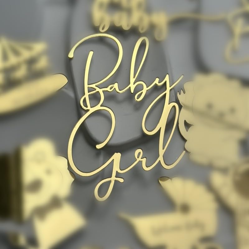 1PCS Baby Girl Cake Topper, Gold Mirror Acrylic Girl Birthday Cake Sign Decorations, Cake Charm Supplies for Baby Shower Girl's Birthday Party Cake Dessert Decoration