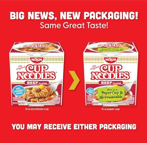 Nissin Cup Noodles Soup, Beef Flavor, Microwaveable Paper Cups, Instant Ramen, 2.25 Ounce (Pack of 12)