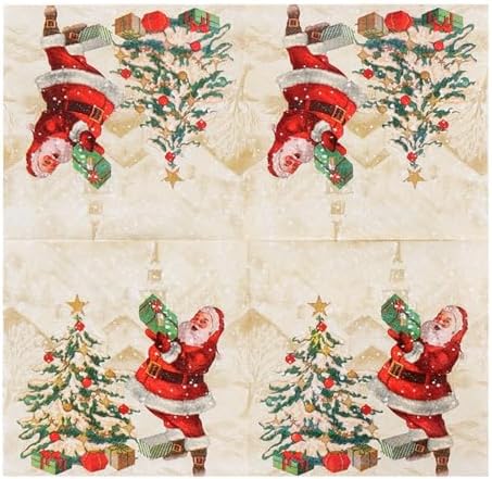 13x13" Christmas Napkins - 20-Pack Double Ply Tissue with Santa & Gift Motifs | 6.5in Folded Party Decor Unscented Dinner Paper