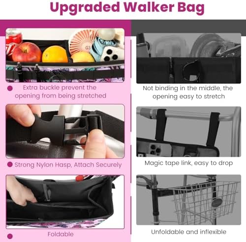 Walker Basket for Seniors, Walker Accessories, Folding Walker Bag with Large Capacity & Never Tipping Over, Best Gift- Gray (Not Fit Rollator Walkers) (Purple)