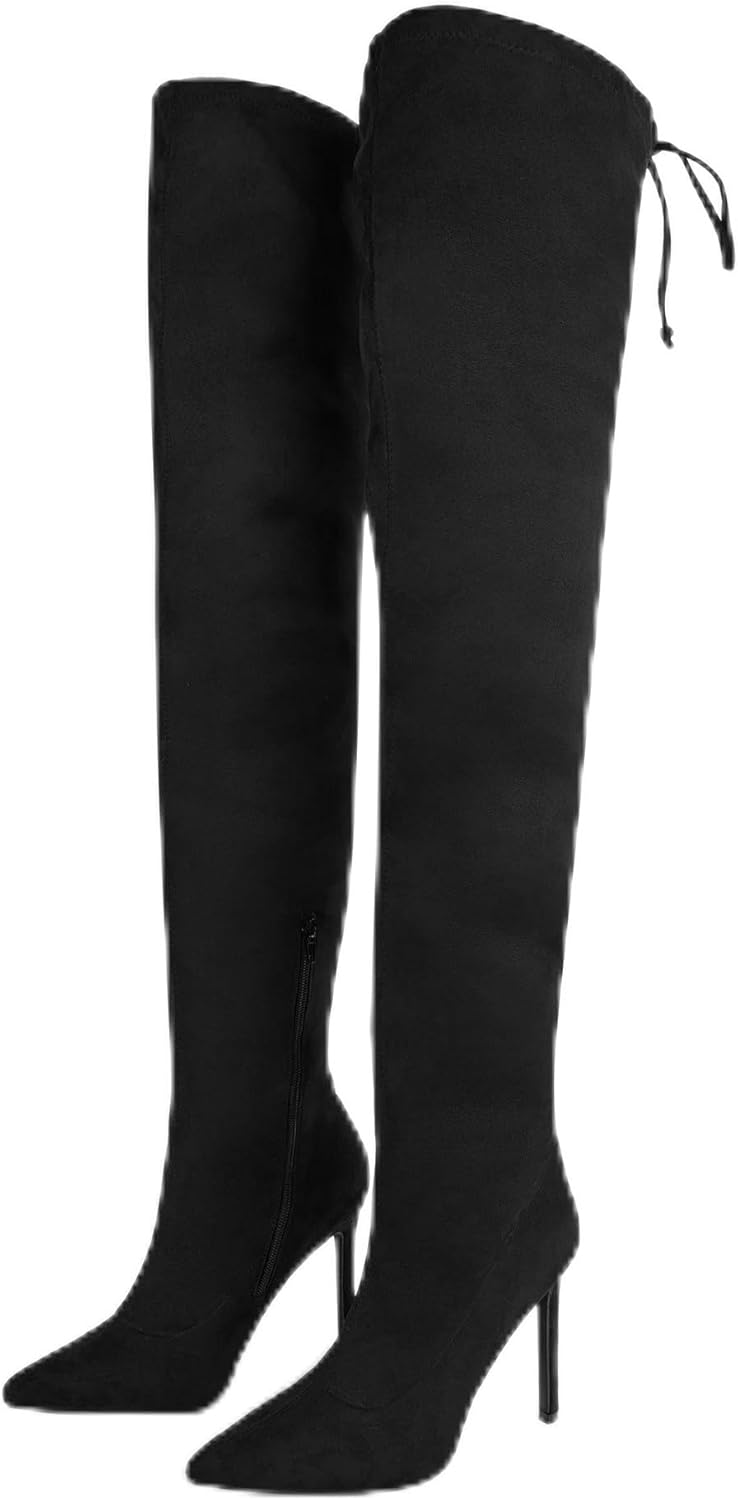 Women's Thigh High Block Stiletto Heel Over The Knee Boots, Faux Suede Elasticity, Long Black Boots, Round Toe&Pointed Toe, Side Zip Sexy Boots for Winter Fall