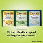Twinings Herbal Tea Variety 3-Pack – Pure Peppermint, Pure Camomile + Lemon & Ginger Tea Bags, Naturally Caffeine-Free, 20 Count Each