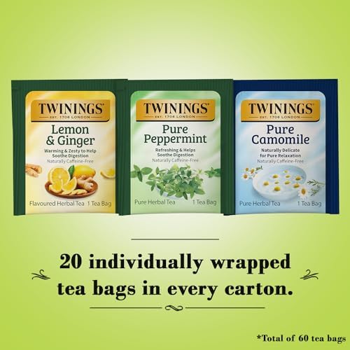 Twinings Herbal Tea Variety 3-Pack – Pure Peppermint, Pure Camomile + Lemon & Ginger Tea Bags, Naturally Caffeine-Free, 20 Count Each