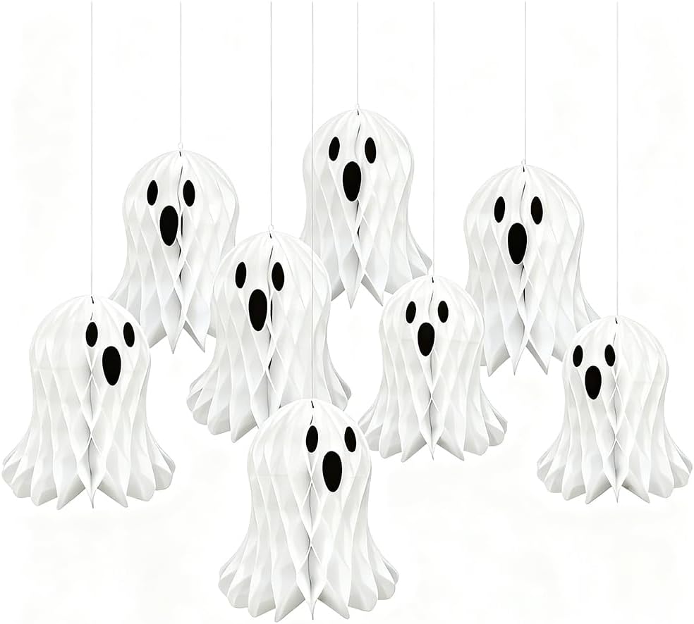 8Pcs Halloween Ghost Hanging Decorations, Large 9.8" x 9.3" Folded Paper Lanterns 3D Cute Ghosts Tree Ornaments, Halloween Party Porches Decor