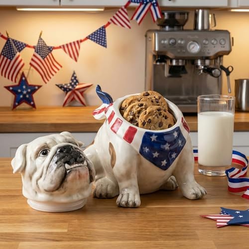 Blue Sky Clayworks Stars & Stripes Bulldog Cookie Jar, Ceramic, 8.5-Inch Height, Patriotic Kitchen Buddy