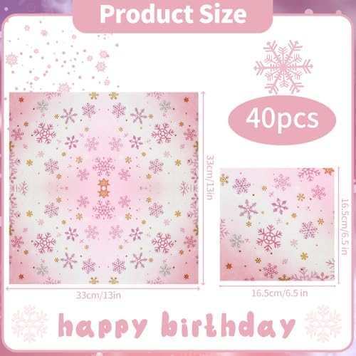 Pink Snowflake Paper Napkins - 40pcs Disposable Snowflake Party Napkins for Luncheon Dinner 6.5x6.5in for Girls Birthday, Winter Holiday Events, Baby Shower, Wedding, Valentine’s Day Decor