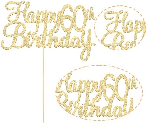 Gyufise 1 Pack Happy 60th Birthday Cake Topper Gold Glitter Happy Birthday Cake Topper Happy 60 Birthday Cake Decoration for 60th Wedding Anniversary Party Decorations