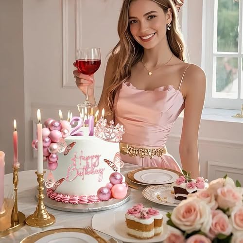 21st Birthday Cake Topper Set, Rose Gold Balls Cake Toppers with Happy Birthday Crown Tiara, Numeral 21 Candle and Birthday Candles for 21 Birthday Party Decorations (21st)