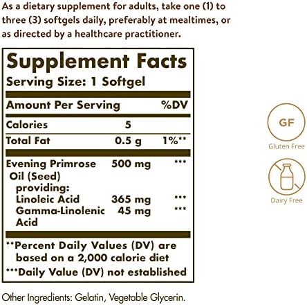Solgar Evening Primrose Oil 500 mg, 180 Softgels - Promotes Healthy Skin & Cardiovascular Health - Nutritional Support for Women - Gluten Free, Dairy Free - 180 Servings