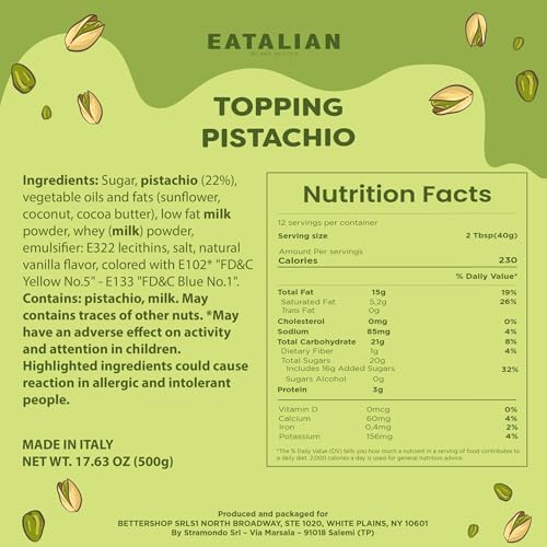 EATALIAN by AMZ BETTER Pistachio Flavoured Topping, Sweet Protein Cream in 17.63 oz/ 500g Squeezer, Made in Italy, Pistachio Sauce Ideal for Decorating Ice Cream, Desserts and Dubai Chocolate