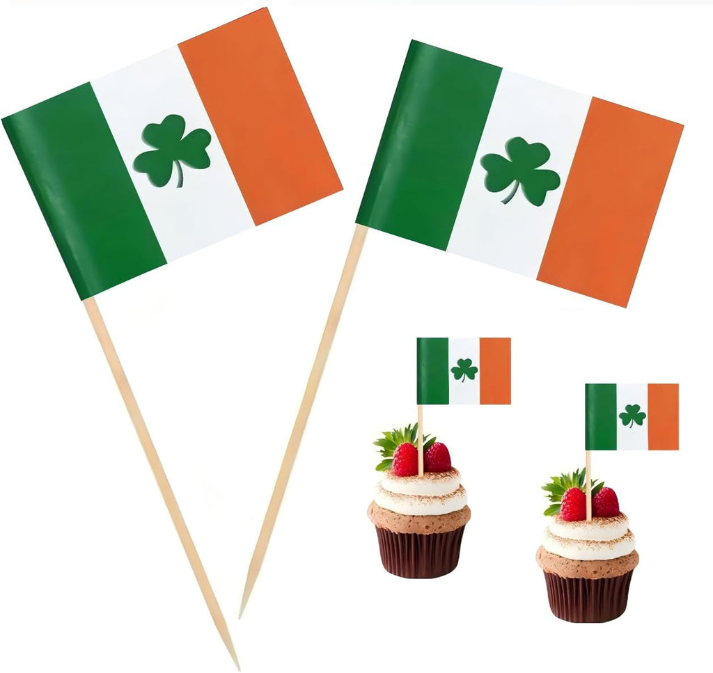 100 Pcs Irish Ireland Shamrock Toothpick Flag Saint Patrick's Day Clover Small Mini Cocktail Fruit Cupcakes Toppers Food Stick Flags Decorations