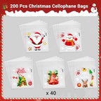 Ankyery 200 PCS Christmas Cellophane Treat Bags, 5 Designs Self Sealing Christmas Candy Bags, Santa Goodie Snack Cookie Gifts Ziplock Bags for Holiday Xmas Party Favors Supplies