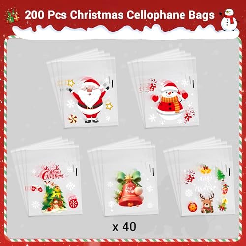 Ankyery 200 PCS Christmas Cellophane Treat Bags, 5 Designs Self Sealing Christmas Candy Bags, Santa Goodie Snack Cookie Gifts Ziplock Bags for Holiday Xmas Party Favors Supplies