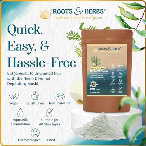 ROOTS AND HERBS Neem and Fennel Depilatory Mask - Vegan Hair Removal for Sensitive Skin: Facial, Pubic, Bikini, Leg - Organic Powder Waxing