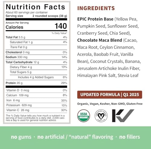 Sprout Living Epic Protein, Plant Based Protein & Superfoods Powder, Chocolate Maca Powder | 20 Grams Organic Protein Powder, Vegan, Non Dairy, Non-GMO, Gluten Free, Low Sugar (5 Pound, 60 Servings)