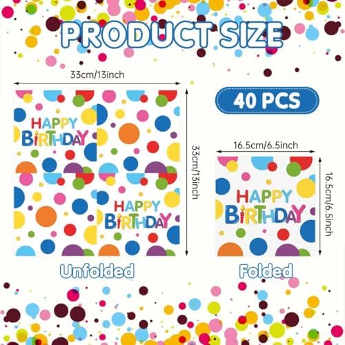 40 Pcs Happy Birthday Napkins, 6.5X6.5 Inch Colourful Dots Paper Napkin, Disposable Square Lunch Dinner Cocktail Napkins for Adults & Kids Happy Birthday Day Party Supplies Table Decorations