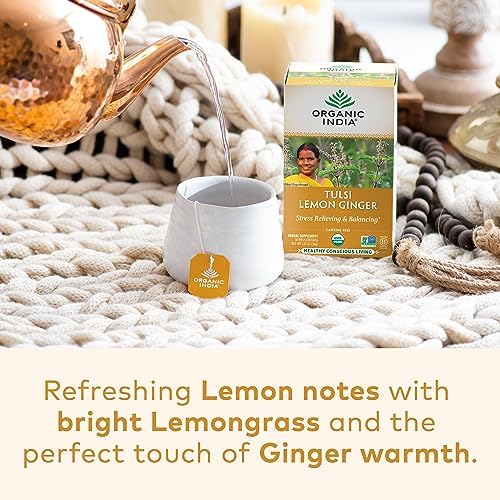 ORGANIC INDIA Tulsi Lemon Ginger Tea Bags - Herbal Tea, Stress Relieving & Reviving, Immune Support, Aids Digestion, Vegan, USDA Certified Organic, Non-GMO, Caffeine-Free - 18 Infusion Bags, 3 Pack