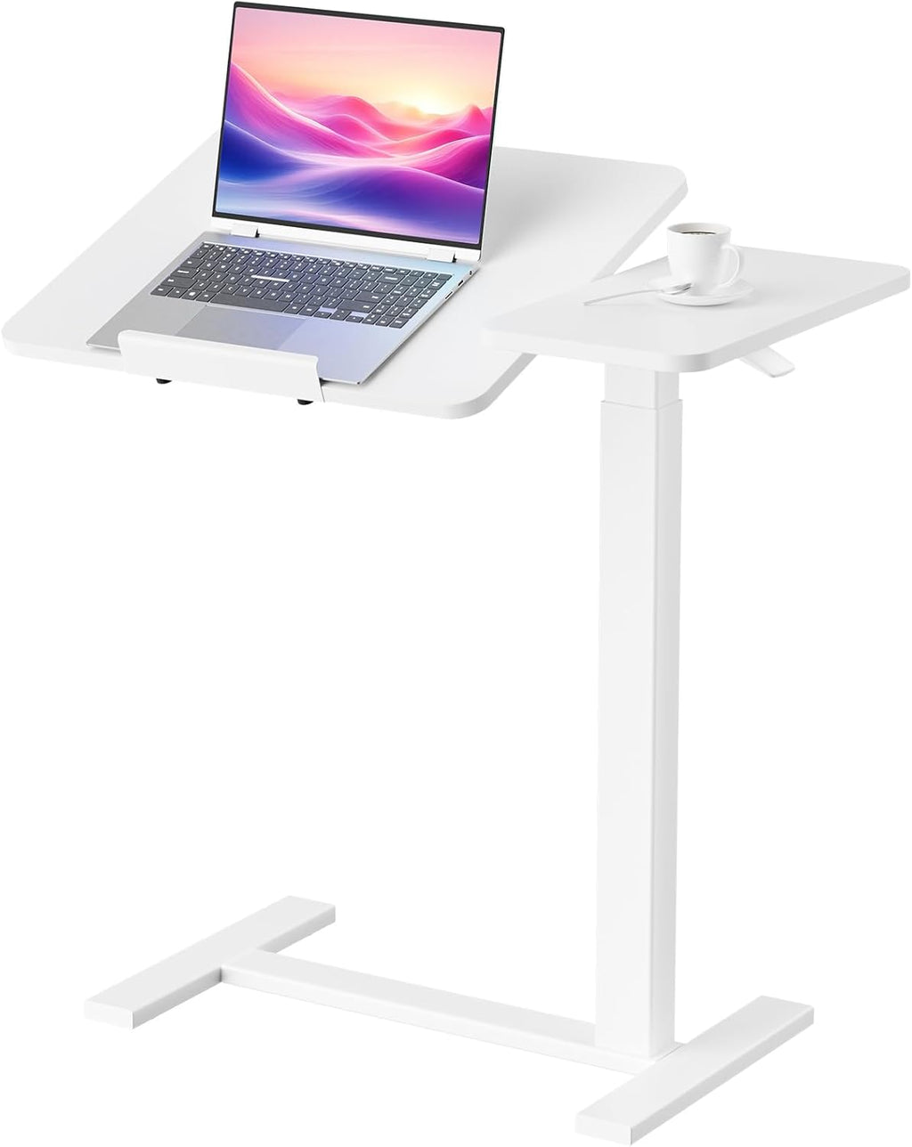 DUMOS Overbed Bedside Table Adjustable with Wheels, Mobile Standing Stand Up Rolling Laptop PC Desks with Tilting Top Height Tray Side Computer Workstation for Bedroom on Hospital Home Use, White