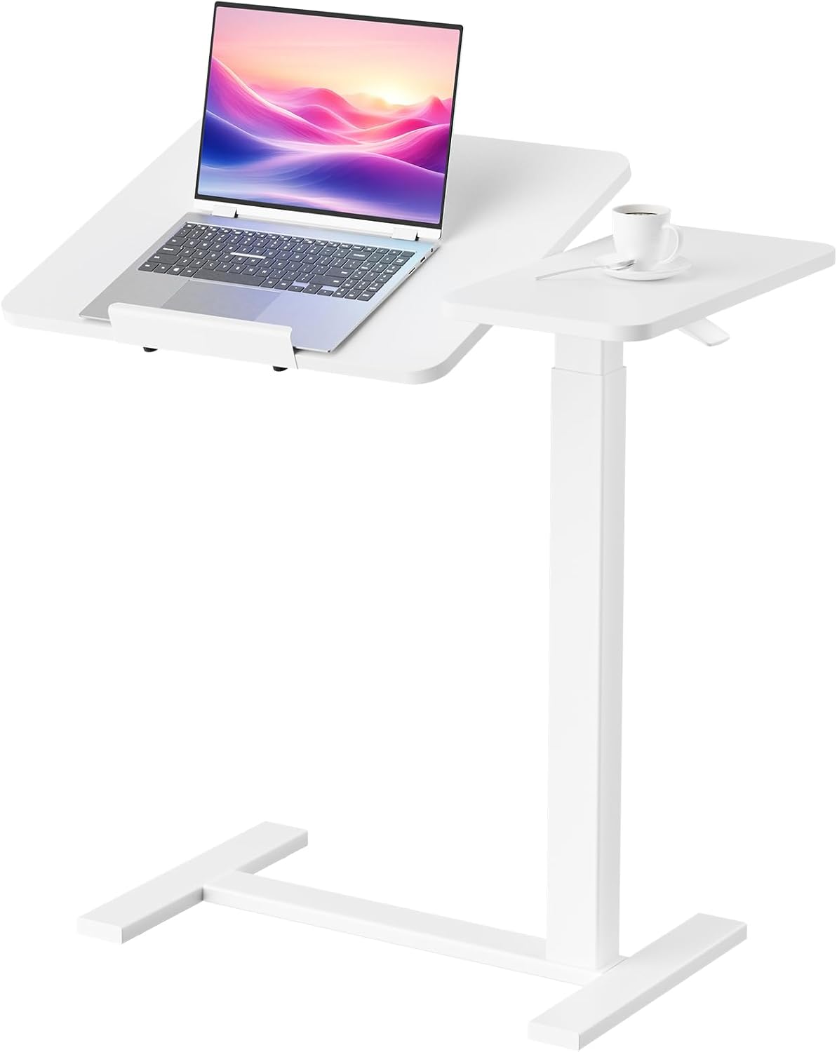 DUMOS Overbed Bedside Table Adjustable with Wheels, Mobile Standing Stand Up Rolling Laptop PC Desks with Tilting Top Height Tray Side Computer Workstation for Bedroom on Hospital Home Use, White