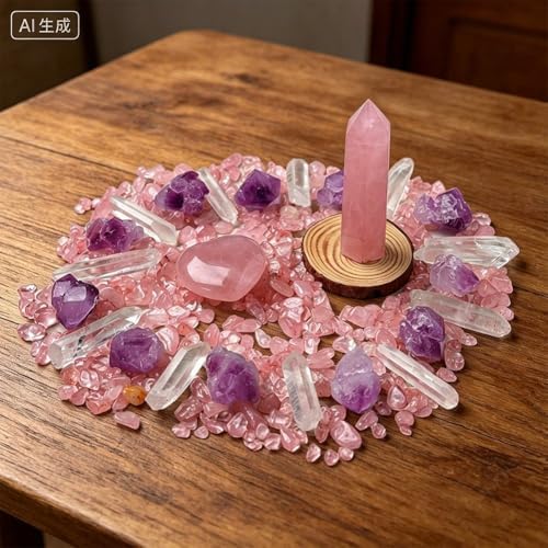 Sanfly Pink Crystal Healing Set - Rose Hexagonal Column with Crushed Stone Heart, Natural Stone Gift Box for Energy Home Decor