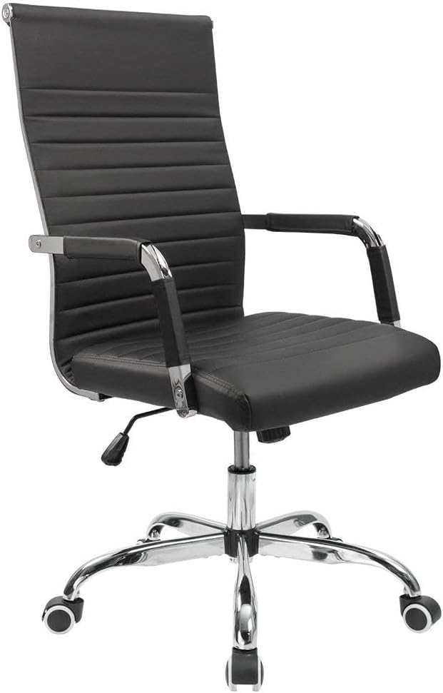 Furmax Ergonomic Office Desk Chair, Executive Ribbed Mid-Back PU Leather Conference Room Chair Adjustable Swivel Chair with Arms (1, Black)