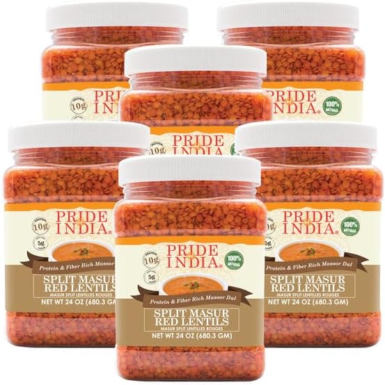 Pride Of India - PACK of 6 - Indian Split Masur Red Lentils - Protein & Fiber Rich Masoor Dal, 1.5 Pound Jar