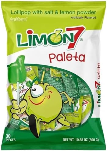 Dulces Anahuac Limon 7 Paleta Lollipop Covered with Lemon and Salt Powder, Mexican Candy, 30 Pieces