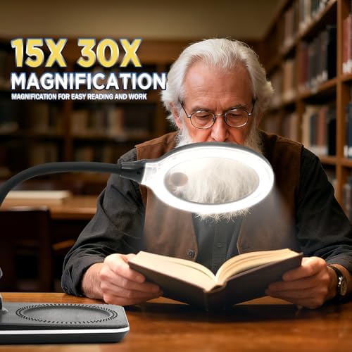 15X 30X Rechargeable Magnifying Glass with Light and Stand, 3600mAh 4.9 Inch LED Magnifier, 6 Color Modes, Flexible Gooseneck Desk Lamp for Jewelry, Reading, Hobbies & Close Work