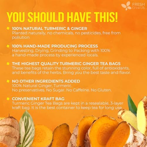 FreshDrinkUS, Premium 135 Ginger Turmeric Tea Bags, 100% Natural Ingredients, Hand-made Blend of Ginger and Turmeric Herbal Tea, Eco-conscious Tea Bags. No Sugar, No Caffeine, No Gluten, Vegan.