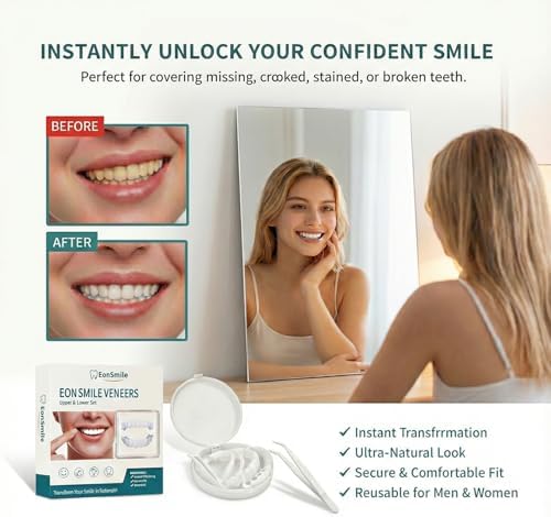 Snap-On Veneers for Teeth – Natural White False Tooth Cover for Missing or Stained Smiles, Adjustable Temporary Cosmetic Dental Veneers, Upper & Lower Set