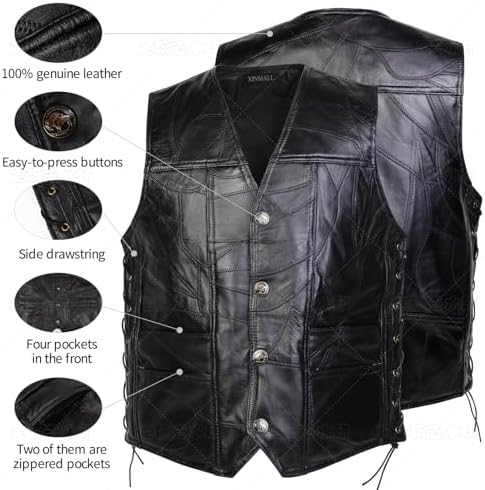 Motorcycle Genuine Leather Biker Vest for Men Club Style Classic Black