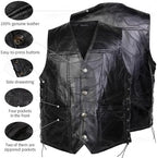 Motorcycle Genuine Leather Biker Vest for Men Club Style Classic Black