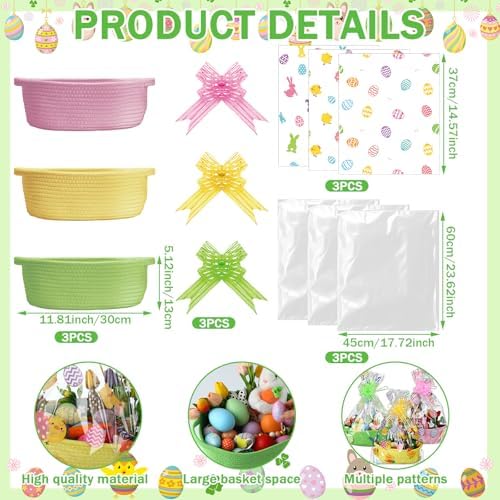Teenyyou 3 Sets Easter Baskets for Gifts Empty with Wrap Cellophane Gift Bags Bows 12 x 9 x 5 Inch Easter Bunny Egg Woven Rope Basket to Fill Storage Box for Gift Wrapping Spring Party Decor
