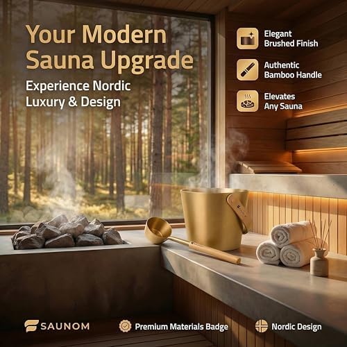 Luxury Aluminum Sauna Bucket and Ladle Set with Modern Nordic Design – Anodized Aluminum Sauna Ladle with Bamboo Handle – Rust & Heat Resistant 1.3 Gallon Bucket & 13.5 oz Ladle