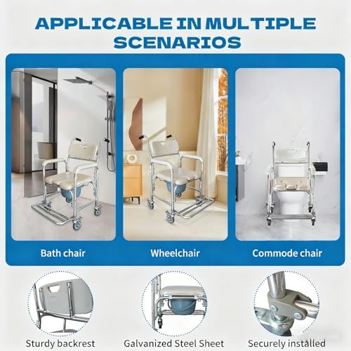 4 in 1 Bedside Commode Chair with Wheels, Rolling Shower Chair for Elderly and Disabled, Bariatric & Handicap - Portable Toilet Padded Seat Transport Rolling Chairs with Arms, Capacity 300lbs