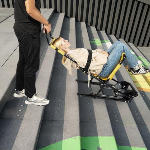 Portable Folding Lift Stair Chair, 350 lbs Capacity, Aluminum Alloy Manual Transport Chair with 4 Wheels & Safety Belts, Evacuation Rescue Chair for Moving Elderly Patients(Yellow)