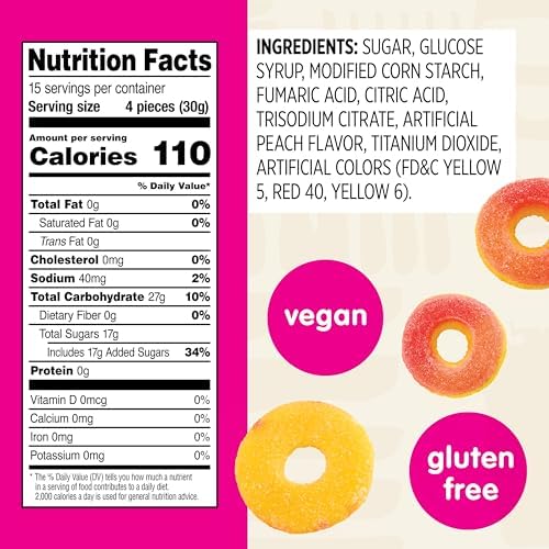 Snak Club Peach Rings Gummy Candy, Fruit Flavored Candy Gummies, Soft and Chewy, Gluten-Free and Vegan Snacks, 16 oz Resealable Bag